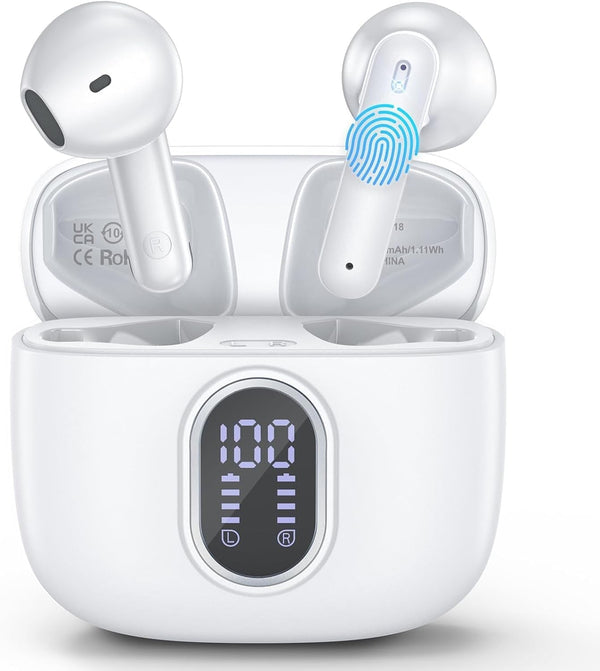 Wireless Earbuds Bluetooth 5.3 Headphones 42 Hrs Playtime with LED Display, Hifi Stereo Wireless Earphones with 4 ENC Noise Cancelling Mics, IPX7 Waterproof Ear Buds for Ios and Andorid White