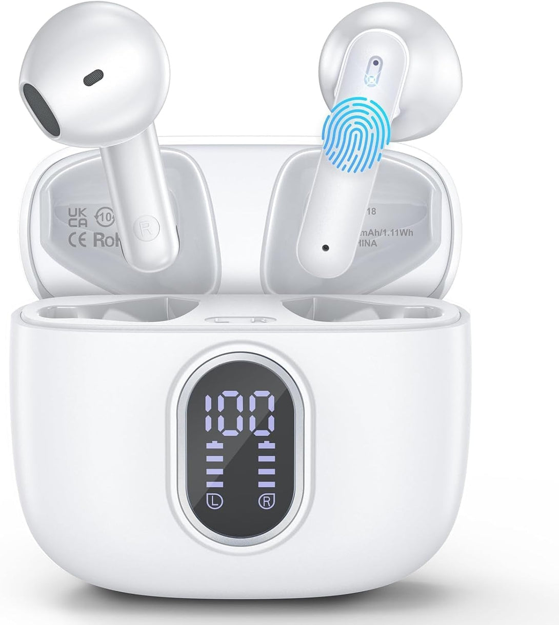 Wireless Earbuds Bluetooth 5.3 Headphones 42 Hrs Playtime with LED Display, Hifi Stereo Wireless Earphones with 4 ENC Noise Cancelling Mics, IPX7 Waterproof Ear Buds for Ios and Andorid White