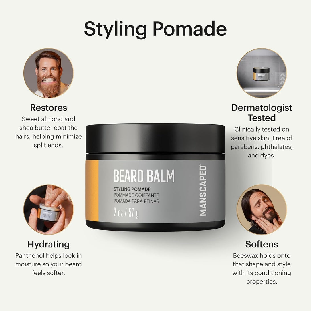 MANSCAPED® Beard Balm, Styling Pomade with Shea Butter, Coconut Oil & Beeswax - Moisturizes, Softens, Strengthens & Shines Beards, Mustaches & Facial Hair, for Sensitive Skin, (2 Oz) 1-Pack
