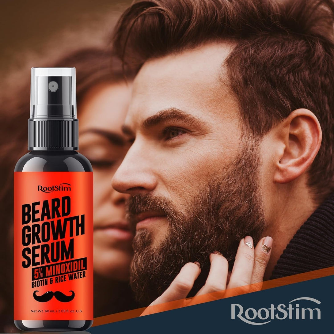 5% Minoxidil Beard Growth Serum for Men: 5% Minoxidil Hair Regrowth Spray with Biotin & Rice Water - Extra Strength Beard Oil for Faster Thicker and Fuller Beard Growth - 2.03 Fl Oz
