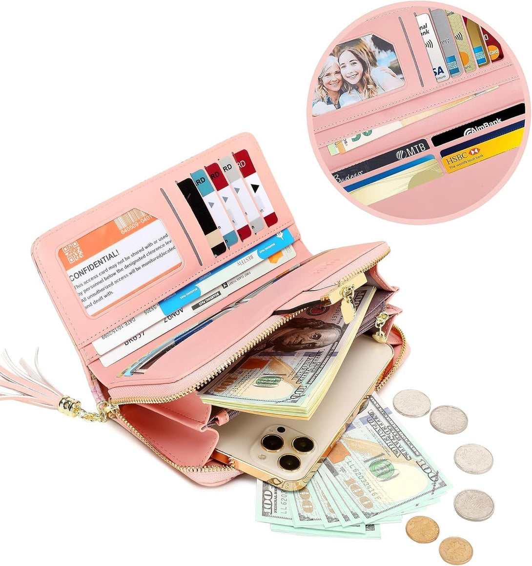 RFID Wallets for Women with Multiple Card Slots and Cellphone Compartment, Womens Wallet(Pink Rattan)