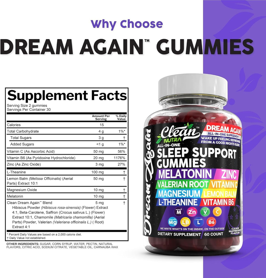 Clean Nutra Melatonin Gummies 10Mg | Sleep Aid Valerian Root L-Theanine Vitamin B6 C Lemon Balm Magnesium Hibiscus Beta Carotene Saffron & Chamomile Rest Support Supplement Raspberry Flavor