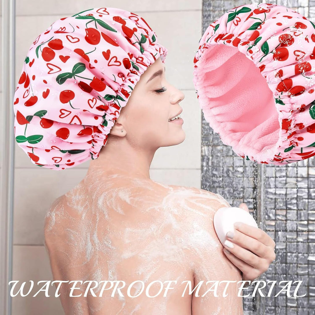 Shower Cap for Women Terry Lined Bath Cap Large Reusable Waterproof Elastic Band Pink Cherry Shower Caps for Long Thick Hair Soft Bath Shower Hair Caps
