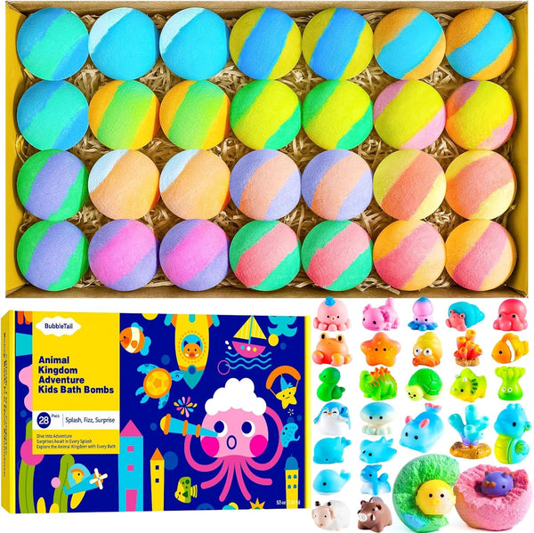 Bath Bombs for Kids with Surprise inside – 28 Fun Fizzy Bath Bombs with Land & Sea Animal Toys, Kid-Friendly & Non-Toxic, Handmade Birthday Party Favors & Summer Gifts for Girls and Boys