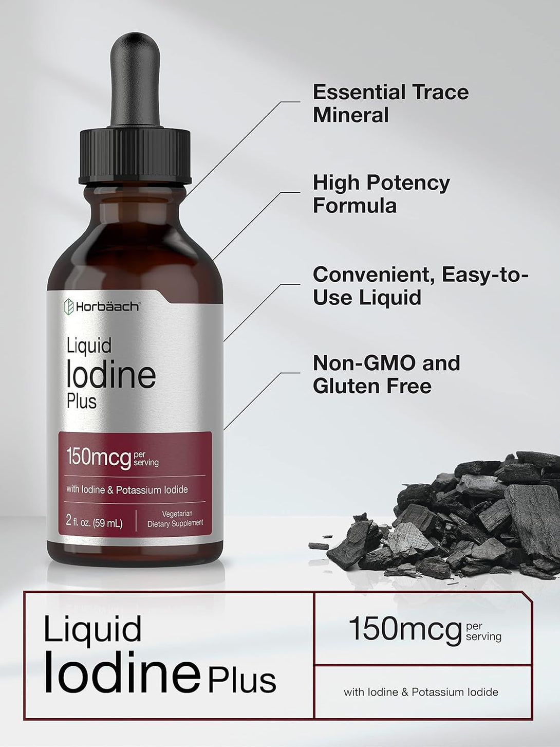 Horbäach Liquid Iodine Drops | 2 Fl Oz | 150 Mcg | Iodine & Potassium Iodide Liquid Tincture | Vegetarian, Non-Gmo, Gluten Free Supplement