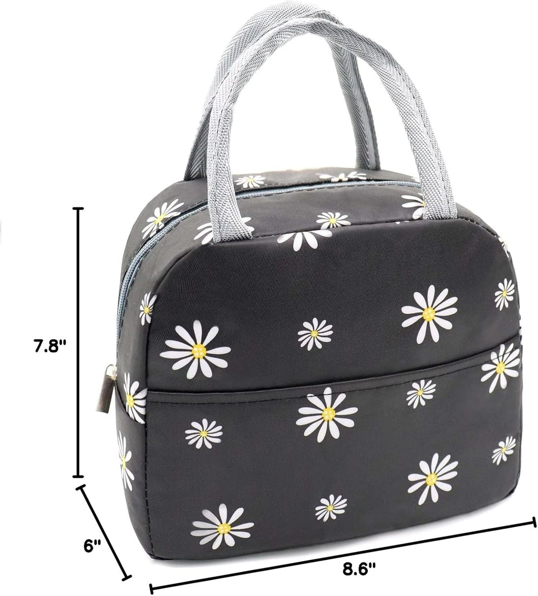 Sonuimy Insulated Lunch Bag Women, Reusable Cute Tote Lunch Box for Adult & Men, Leakproof Cooler Lunch Bags for Work Office Travel Picnic (Black with White Daisy)