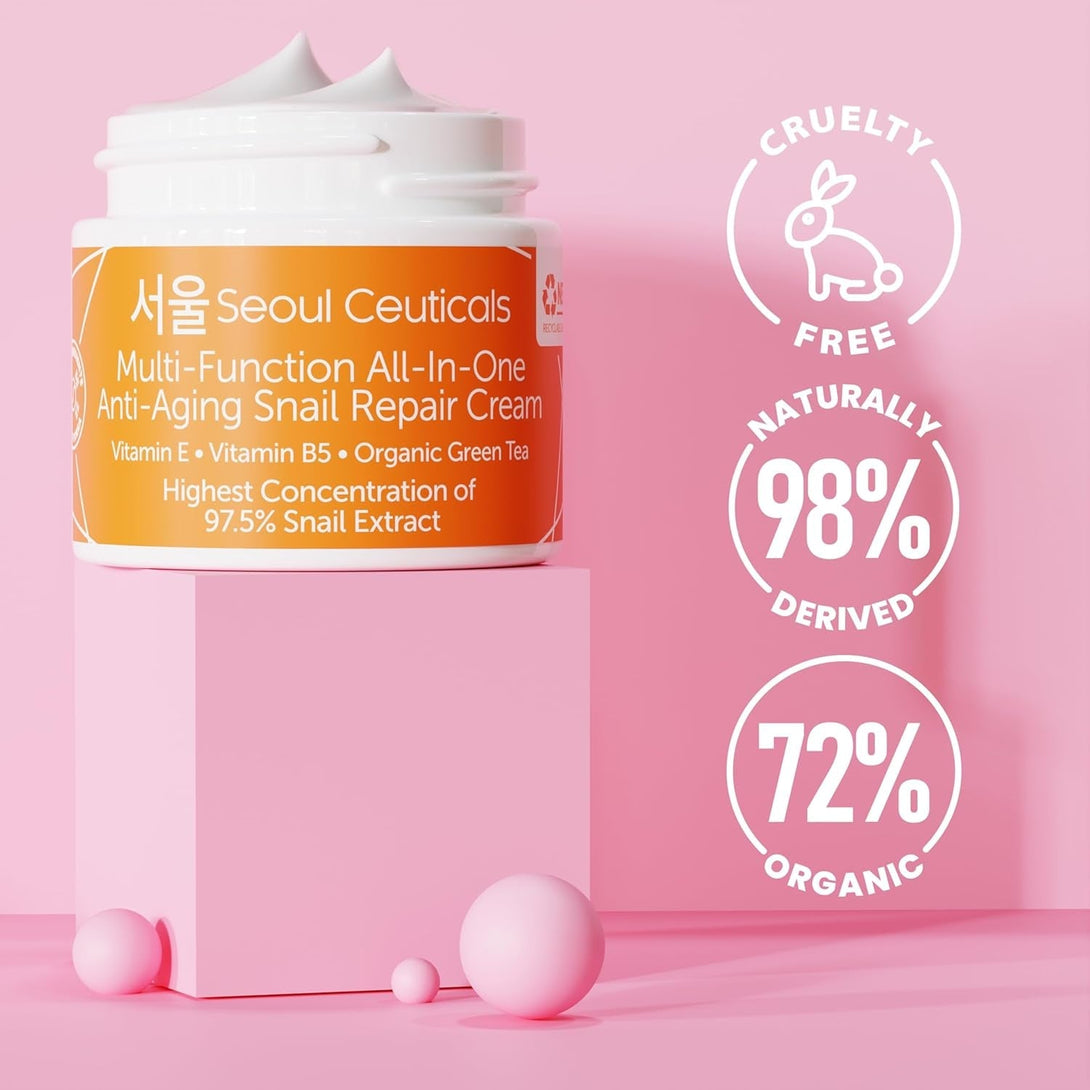 Seoulceuticals Korean Skin Care 97.5% Snail Mucin Moisturizer Cream - K Beauty Skincare Day & Night Snail Repair Cream Filtrate Cruelty Free 2Oz