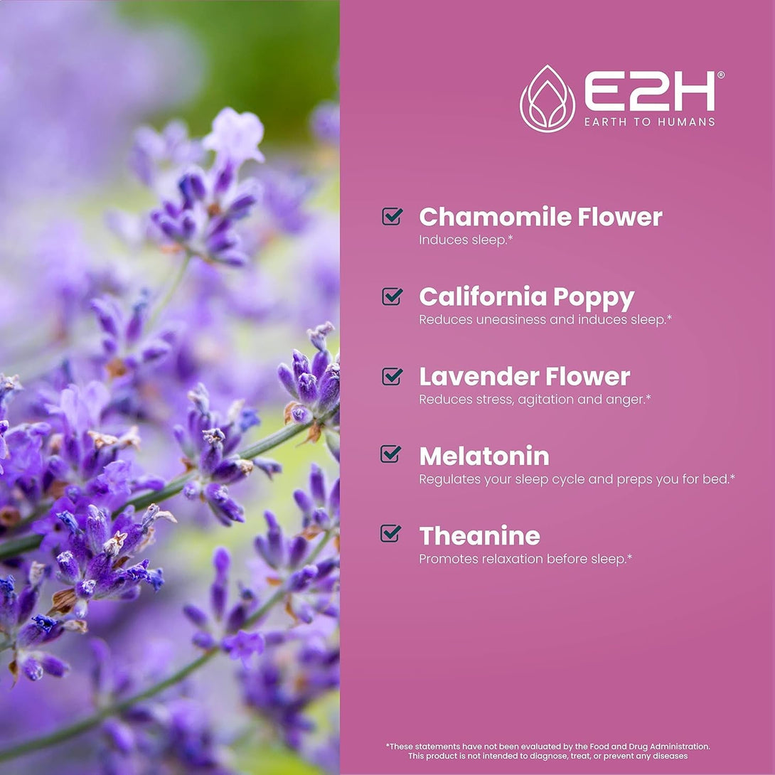 E2H Natural Sleep Support - Liquid Melatonin with Chamomile, Theanine - Sleep Better, Deeper, Longer - Vegan, Gmo-Free - Provides Stress Relief - 2 Fl Oz