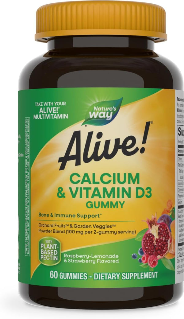 Nature'S Way Alive! Daily Calcium & Vitamin D3 Gummies, Bone Support*, Immune Support*, Strawberry and Raspberry- Lemonade Flavored, 60 Gummies