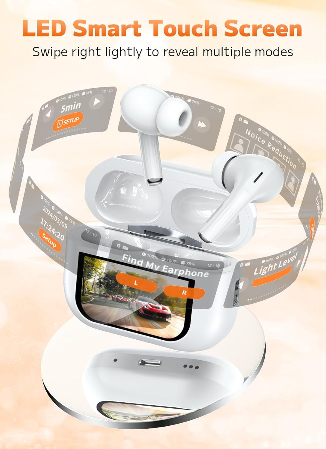 Wireless Earbuds, Bluetooth 5.4 Ear Buds with Multifunctional Touch Screen, ANC/ENC Noise Cancelling Headphones with 48H Playtime, Bass Stereo Sound, for Laptop, Android/Ios, Pad