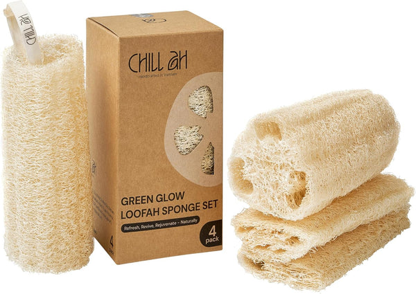 Chill Ah Green Glow Natural Loofah Sponge Set – 100% Plant-Based, Dye-Free, Biodegradable, Scratch-Free, Handcrafted in Vietnam (4-Pack)