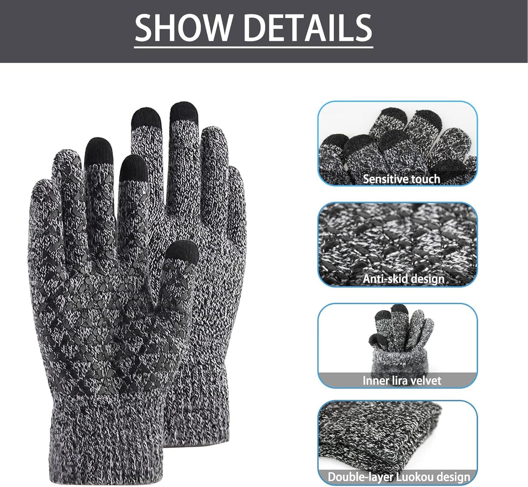 Andiker Winter Knit Gloves, Men Women Touch Screen Cold Weather Gloves, Full Finger Soft Warm anti Slip Gloves for Hiking