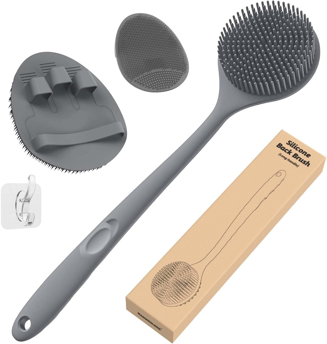 Manmihealth Silicone Back Scrubber (Thin Bristles) & Bath Glove & Face Brush Set(3Pcs), Super-Exfoliating & Lathering Body Scrubber, Shower Brush, Face Scrubber Combination, with a Free Hook.(Gray)