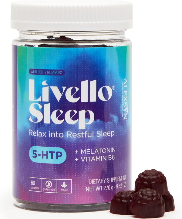 Livello Sleep Wild Berry Gummies - 60 Servings Natural Sleep Support with 5-HTP, Melatonin, and Vitamin B6 for Peaceful Night, Vegan & Gluten-Free