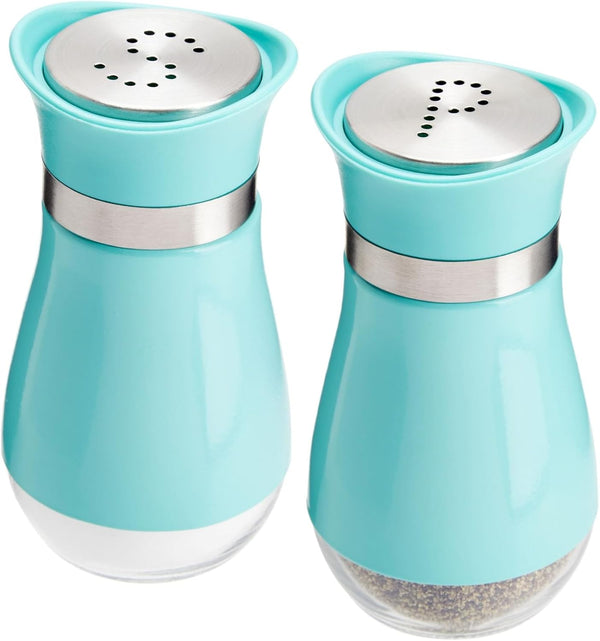 Juvale Stainless Steel Turquoise Salt and Pepper Shakers with Transparent Glass Bottoms and Perforated "S" and "P" Screw-Off Caps (4Oz)