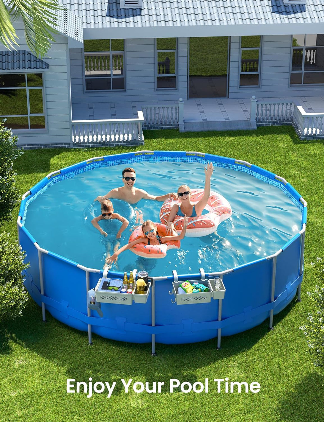 2 Sets Upgrade Poolside Storage Basket, above Ground Pool Storage Basket with Pool Cup Holder, for Steel round or Oval Frame above Ground Pools, Fits 3 Inch or Less Top Rail