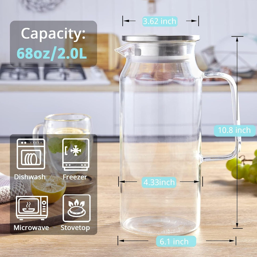 2 Liter 68 Oz Glass Pitcher with Lid and Spout, Bivvclaz Glass Carafe for Hot/Cold Water, Large Iced Tea Pitcher for Coffee, Juice and Homemade Beverage