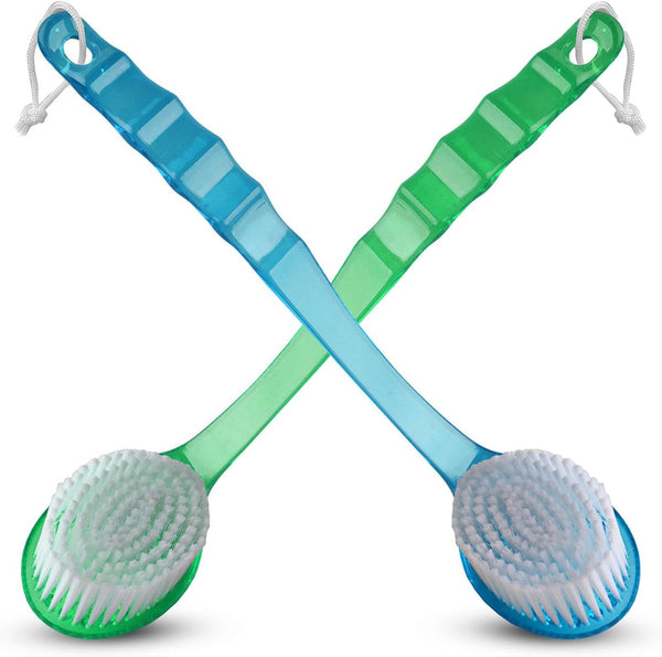 2 Pack Bath Body Brush Long Handle Back Shower Brush Exfoliating Back, Body, and Feet Scrubber Soft Nylon Bristles (Blue & Green)
