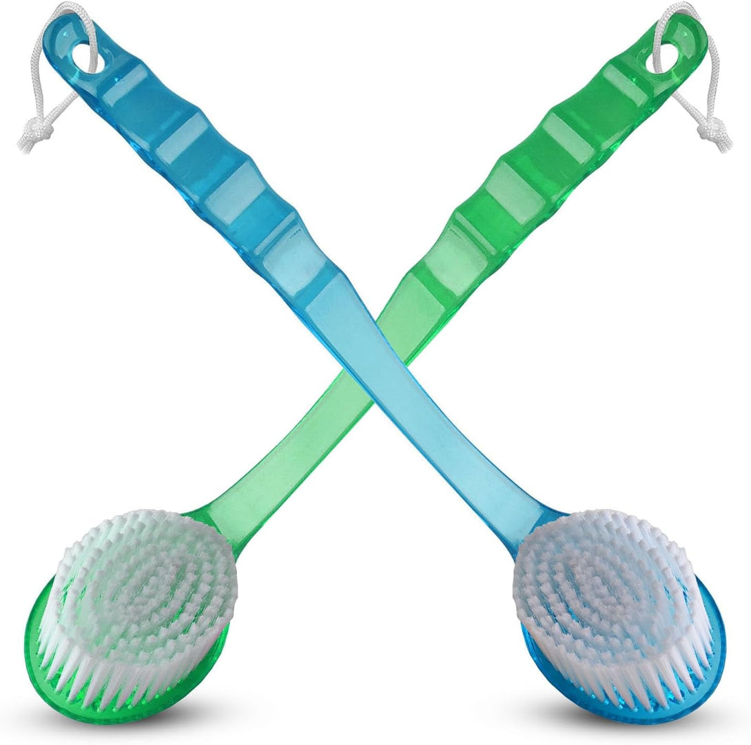 2 Pack Bath Body Brush Long Handle Back Shower Brush Exfoliating Back, Body, and Feet Scrubber Soft Nylon Bristles (Blue & Green)