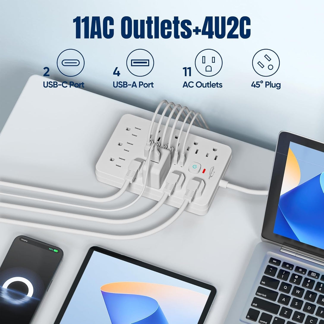 6 FT Flat Plug Surge Protector Power Strip,11 Multiple AC Outlets with 6 USB Ports (2 USB C), 6 Feet Extension Cord, 1250W/10A, One Touch Switch Button, 17 in 1 Compact Powerstrip-White