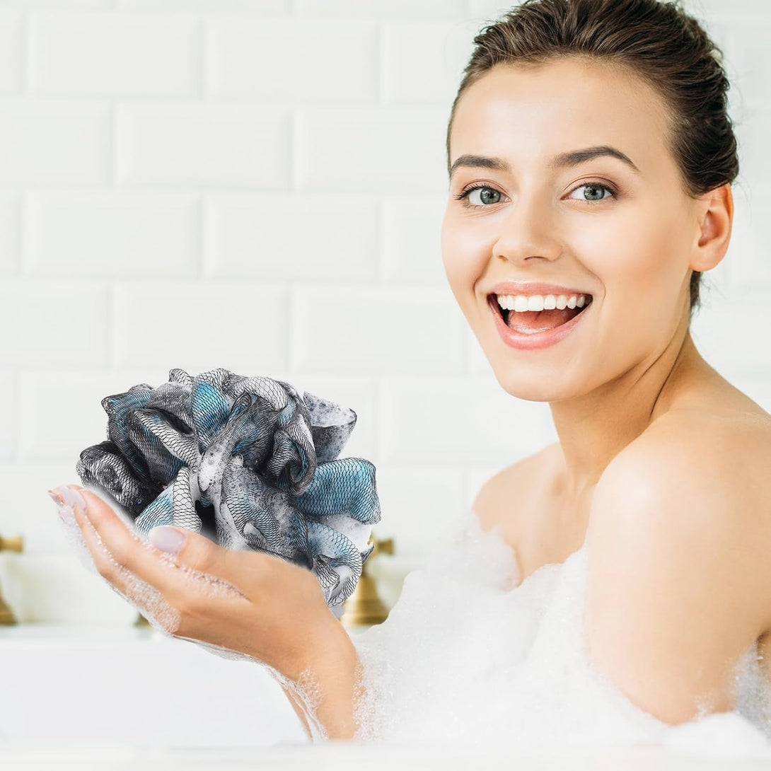 Loofah Bath and Shower Sponge Pouf, Mesh Brush Ball Exfoliating Body Scrubber Ball Pack of 4 (60G/Pcs)
