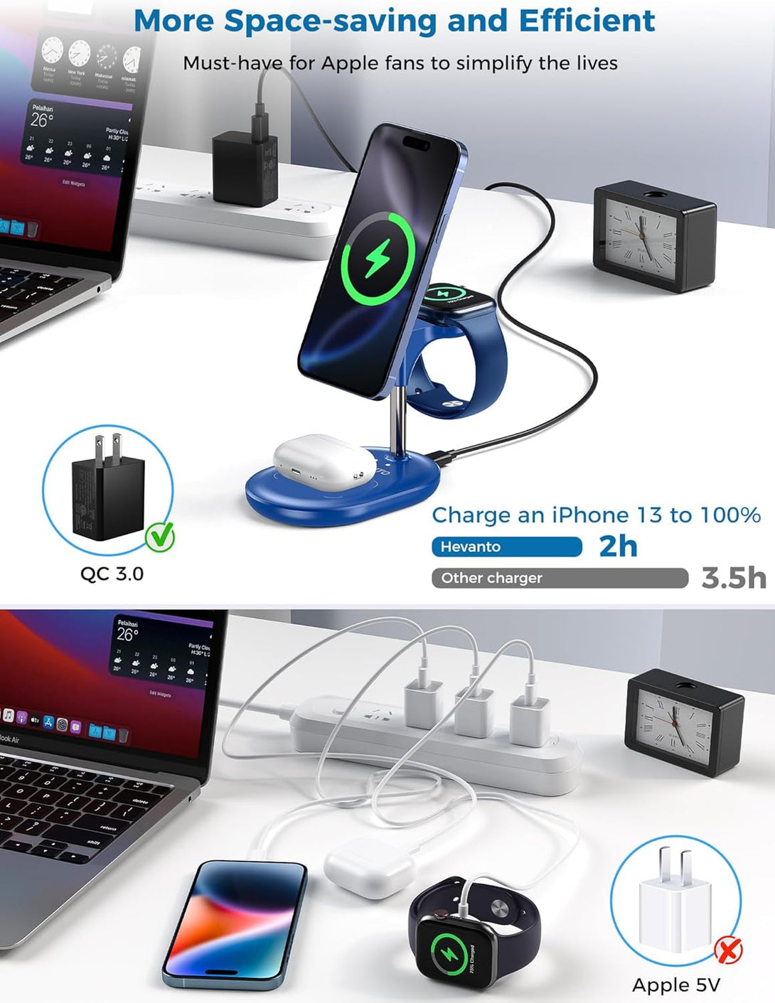 3 in 1 Wireless Charging Station for Apple Magsafe Charger, 15W Fast Qi-Certified Magnetic Mag-Safe Charger Stand for Iphone 16 15 14 13 12 Apple Watch Airpods, Adjustable Angle, Blue