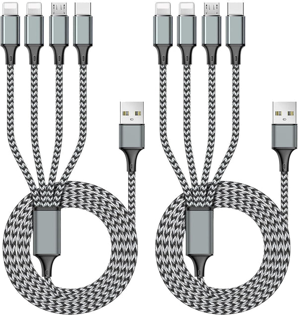Puxnoin Multi Charging Cable 6FT 2Pack Multi Charger Cable 4 in 1 Universal Multiple USB Fast Charging Cord with Type-C, Micro USB Port for Most Cell Phone, Tablets