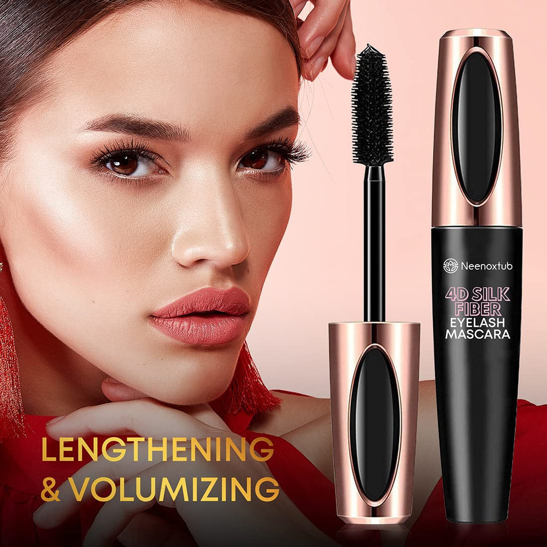 4D Silk Fiber Lash Mascara, Lengthening and Thick, Long Lasting, Waterproof & Smudge-Proof, Hypoallergenic Formula 2 Pack Black