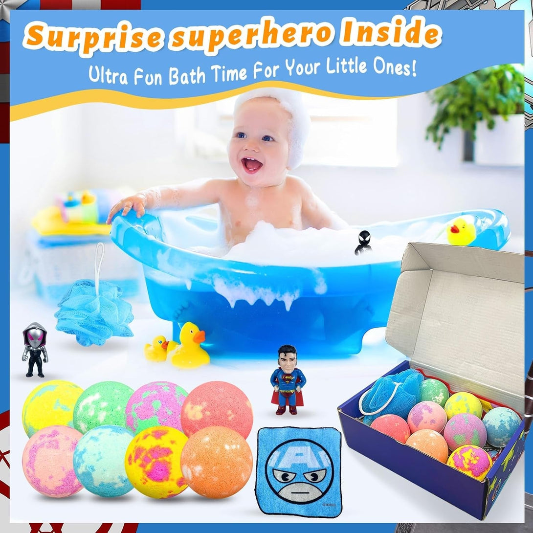 Bath Bombs for Kids with Surprise Kids Toys Inside, 8 Pcs Superhero Organic Bath Bombs Fizzies for Kids, Kids Safe Handmade Fizzy and Bubbly Balls Easter Gift Set, Birthday Gifts for Boys Girls