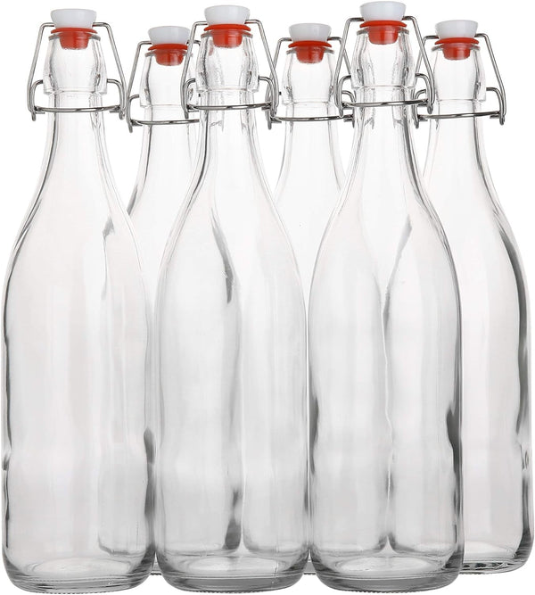 Flip Top Glass Bottle [1 Liter / 33 Fl. Oz.] [Pack of 6] – Swing Brewing with Stopper for Beverages, Oil, Vinegar, Kombucha, Beer, Water, Soda, Kefir Airtight Lid & Leak Proof Cap Clear
