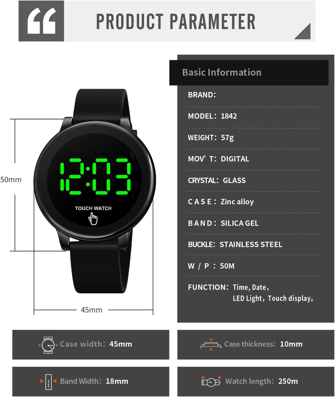 TOOCAT Fashion Touch LED Digital Watch Outdoor 50M Waterproof Rubber Bands Wristwatch for Men Women Teens Students (Black-Led Touch)
