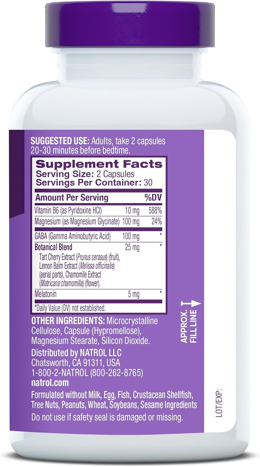 Natrol Sleep & Restore Capsules - Calm Magnesium Glycinate, Magnesium Sleep Aid with GABA, Melatonin 5Mg, Botanical Blend, 30 Day Supply
