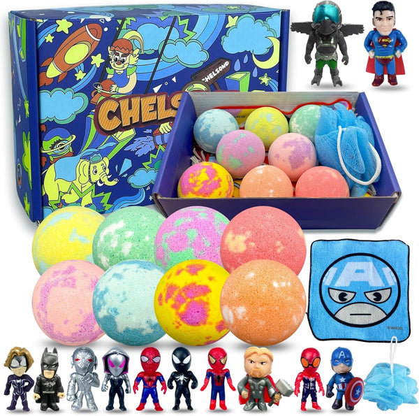 Bath Bombs for Kids with Surprise Kids Toys Inside, 8 Pcs Superhero Organic Bath Bombs Fizzies for Kids, Kids Safe Handmade Fizzy and Bubbly Balls Easter Gift Set, Birthday Gifts for Boys Girls