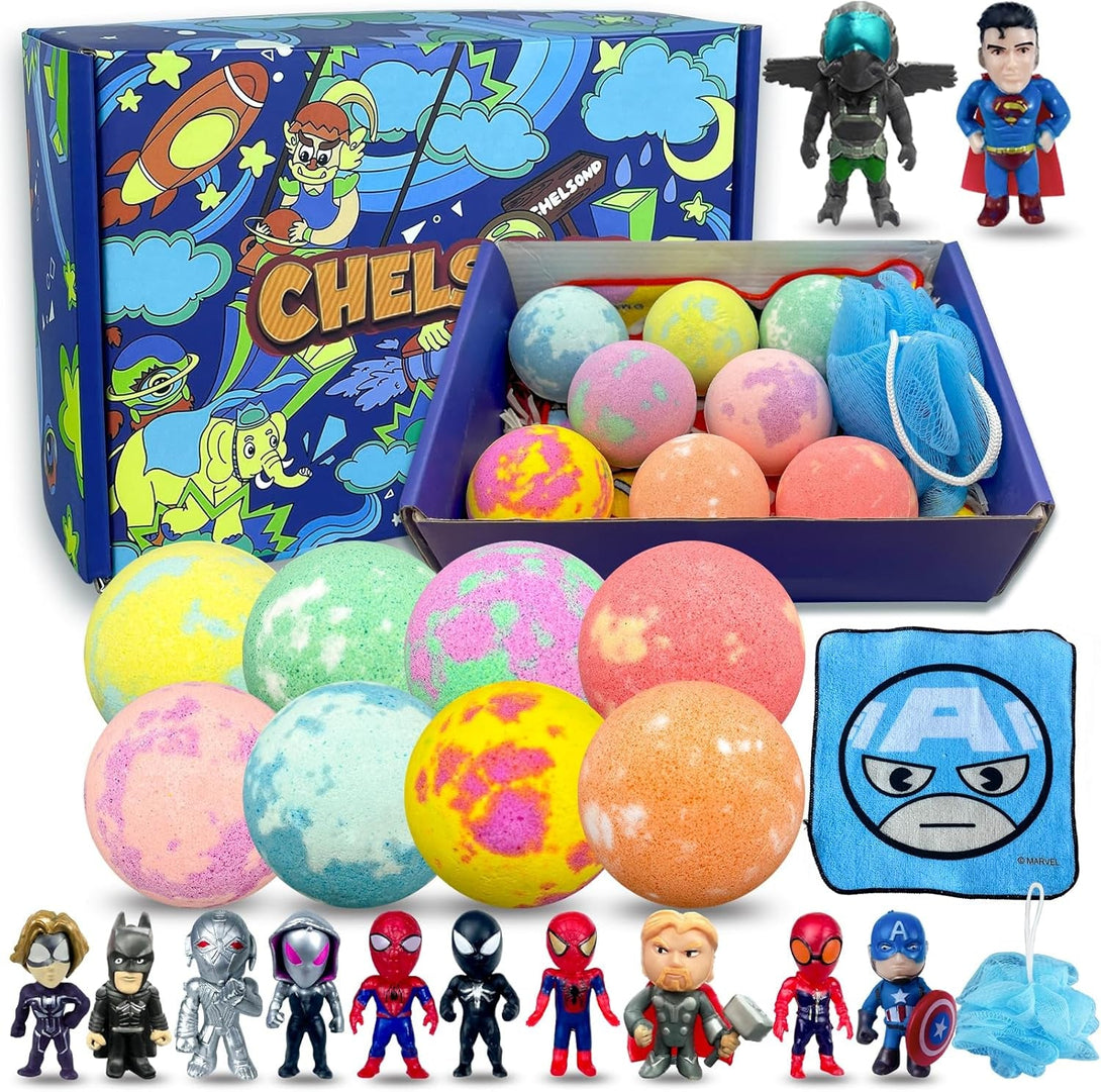 Bath Bombs for Kids with Surprise Kids Toys Inside, 8 Pcs Superhero Organic Bath Bombs Fizzies for Kids, Kids Safe Handmade Fizzy and Bubbly Balls Easter Gift Set, Birthday Gifts for Boys Girls