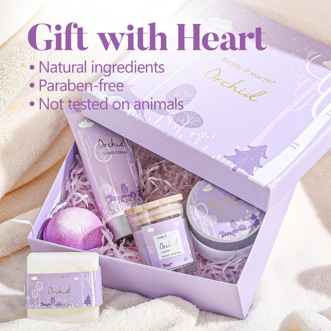 Spa Gifts for Women, Body & Earth 5 Pcs Gifts for Women Orchid Gift Sets, Bath and Body Womens Bath Gifts, Mothers Day Gift for Mom