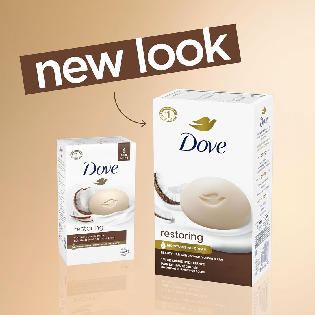 Dove Beauty Bar Soap Restoring Coconut & Cocoa Butter 6 Count for Restored Skin, Nourishes Skin 3.75 Oz