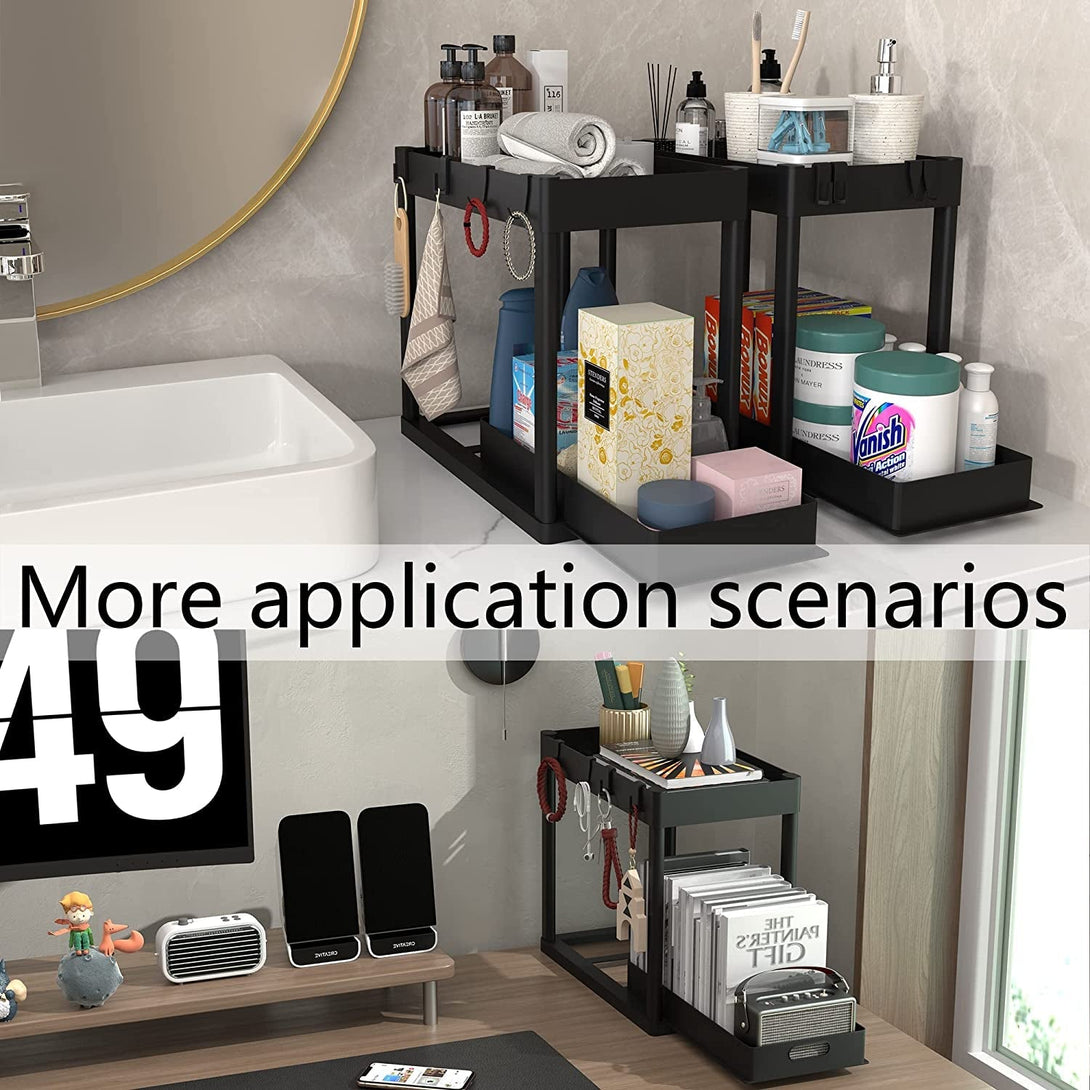 2PC under Sink Organizer Rack 2 Tier under Sliding Cabinet Basket Organizer Drawer with 4 Hooks, Multi-Purpose under Sink Storage for Bathroom Kitchen Desktop（Black）