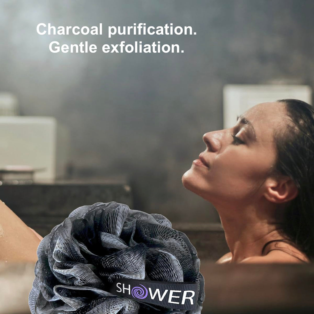 SHOWER BOUQUET Loofah-Charcoal Back-Scrubber & Bath-Sponge Set // 1 Long-Handle-Back-Brush plus 2 Extra Large 75G Soft Mesh Loofa-Lufa-Loufa Puff Poufs, Men & Women - Exfoliate with Full Pure Cleanse