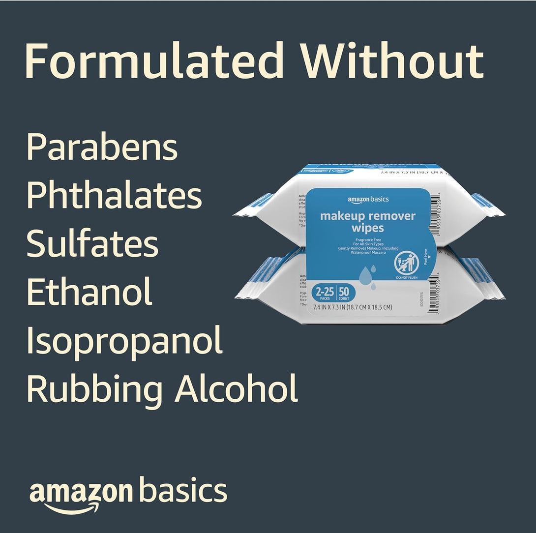 Amazon Basics Make up Remover Wipes, Fragrance Free, 25 Count, Pack of 2 (Previously Solimo)