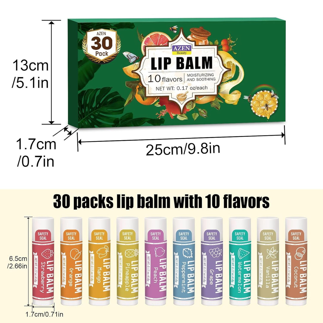 AZEN 30 Pack Lip Balm, Natural Lip Balm Bulk, Lip Care Product, Moisturizing Lip Balms for Dry Cracked Lips - 10 Flavors