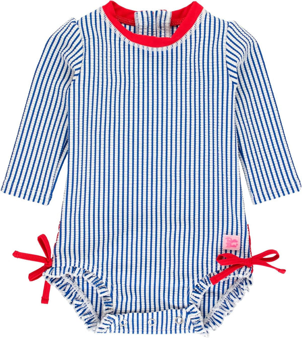 Rufflebutts Baby/Toddler Girls Seersucker Long Sleeve One Piece Rash Guard Swimsuit with UPF 50+ Sun Protection