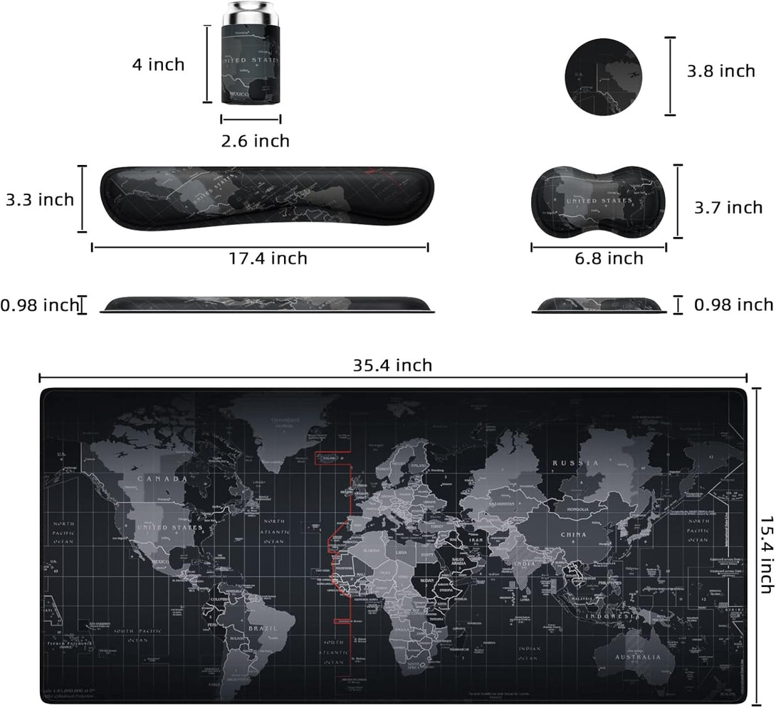 5 in 1 Keyboard Mouse Pad Set, Mouse Pad Wrist Support, Extended Gaming + Keyboard Wrist Rest Support, (34.5×15.7 In) Large Ergonomic Mousepad Desk Mat Combo -Black World Map (1-5 Sets-World Map)
