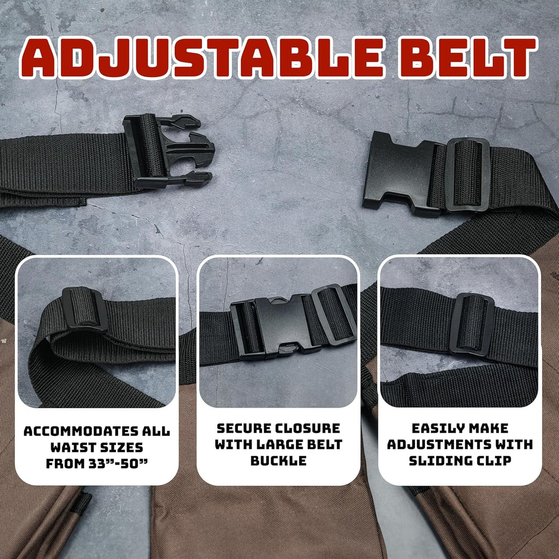 19 Pocket Brown and Black Heavy Duty Construction Tool Belt, Work Apron, Tool Pouch, with Poly Web Belt Quick Release Buckle - Adjusts from 33” Inches All the Way to 50” Inches