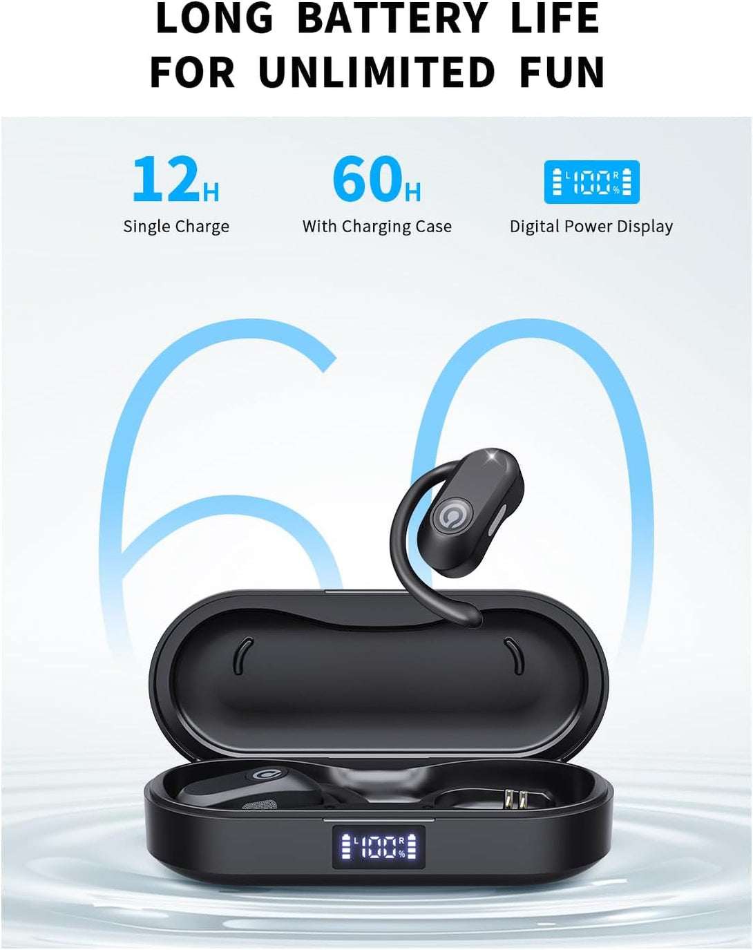 CXK Open Ear Headphones, Bluetooth 5.4 Ture Wireless Earbuds with 60Hrs Playtime & Digital Display, 0.27Oz Lightweight Design Air Conduction Headphones with Mic, IPX6 Fit Cycling, Running, Black