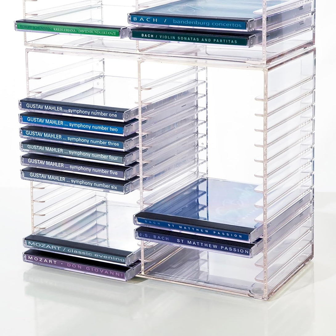 Stori Stackable Clear Plastic CD Organizer with Rubber Feet | Rectangular Jewel Cases Holder Perfect for Theatre Room | Holds up to 30 CD Cases | Made in USA