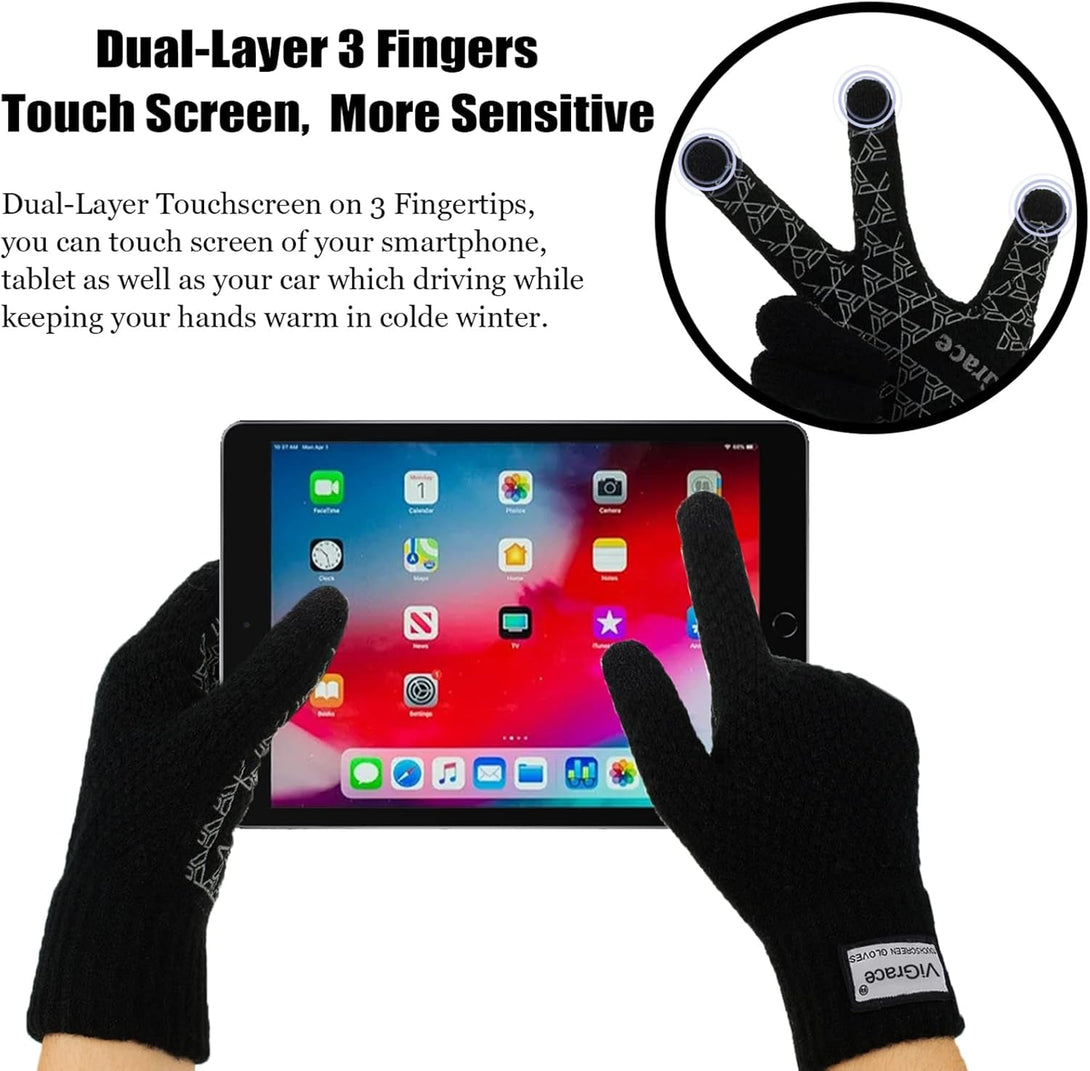 Vigrace Winter Warm Touchscreen Gloves for Men and Women Touch Screen Fleece Lined Knit Anti-Slip Wool Glove