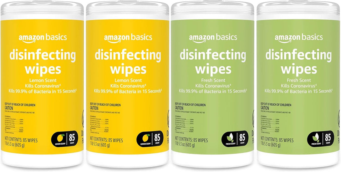 Amazon Basics Disinfecting Wipes, Lemon & Fresh Scent, Sanitizes/Cleans/Disinfects/Deodorizes, 340 Count (4 Packs of 85)