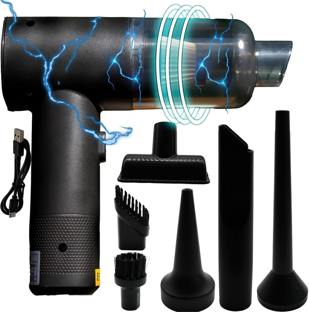Jaspertronics™ Cordless Rechargeable 2 Speed Mini Vacuum & Dust Blower, Lightweight Handheld Cleaner W/Strong 16000 PA Suction, 0.12L Dust Cap, for Home, Office, Car, and Electronics - 6 Attachments!