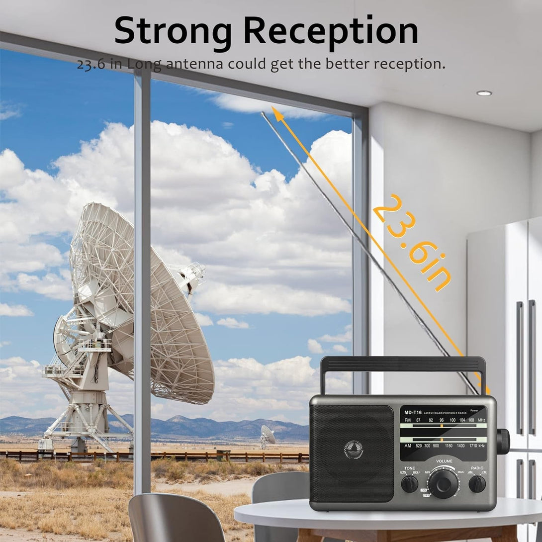 AM FM Portable Radio Battery Operated by 4X D Cell Batteries or AC Power Transistor Radio with and Big Speaker, Standard Earphone Jack, High/Low Tone Mode, Large Knob