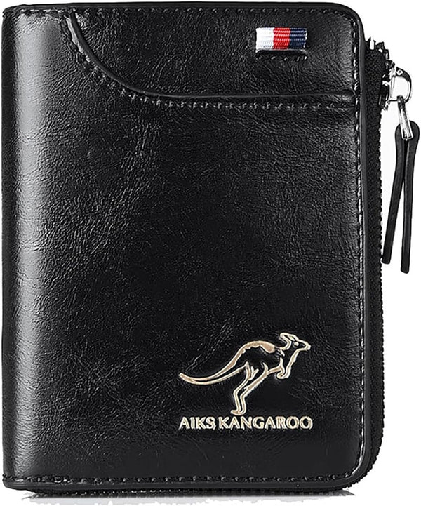 Men Wallet Zipper Genuine Leather Purs, Aiks Kangaroo Wallets, PU Stylish Soft Simple Design RFID Protected Wallet (Retro Black)